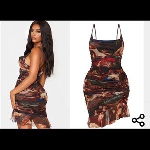 Brown Renaissance Print Mesh Cowl Ruched Midi Dress